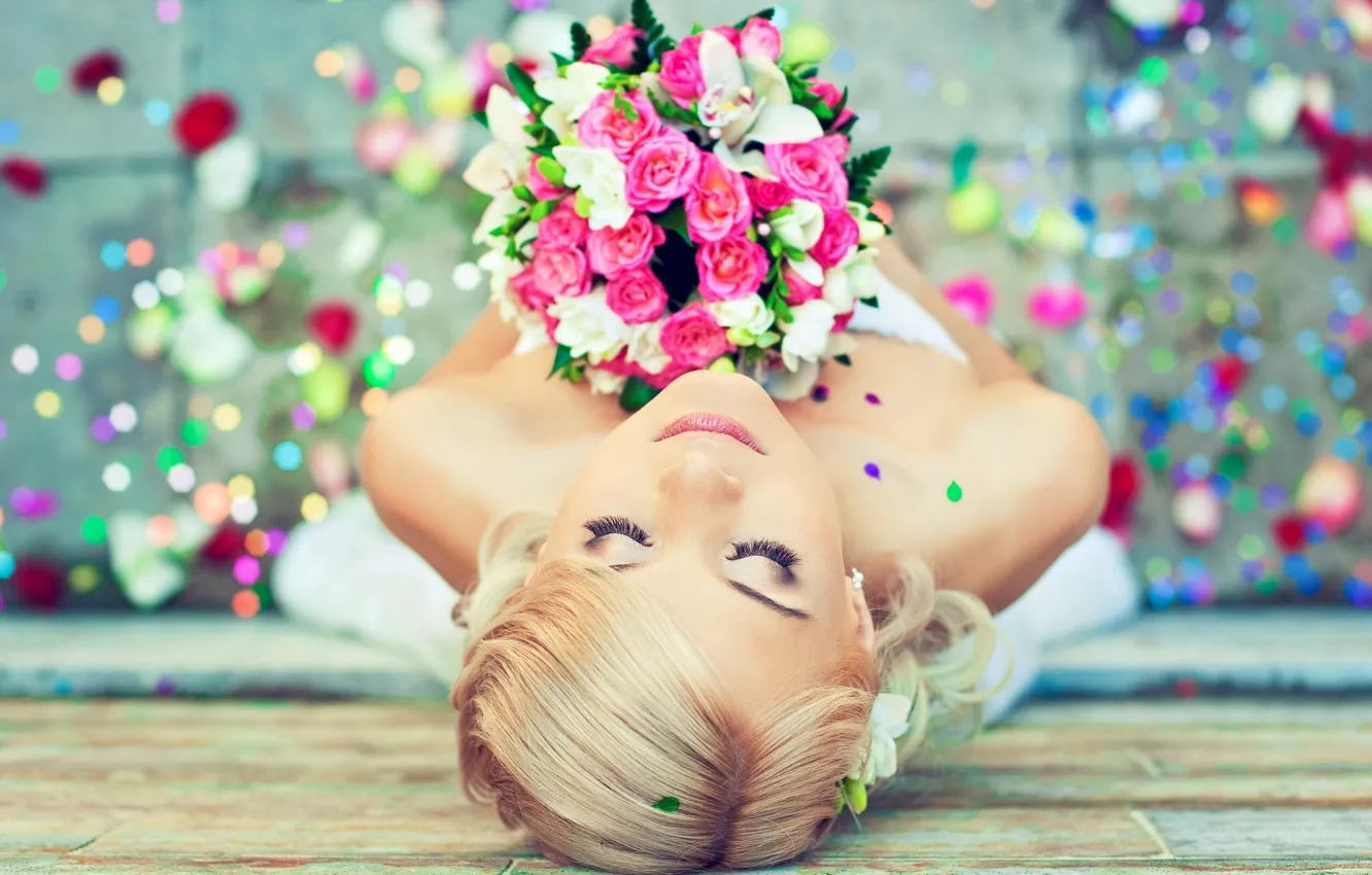 Photo wallpaper girl, flowers, mood, bouquet, the bride