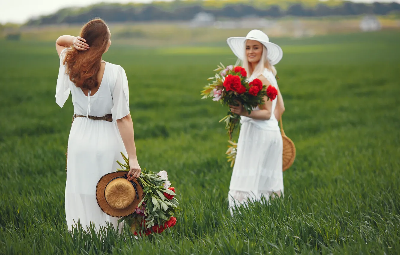 Photo wallpaper field, girl, flowers, woman, bouquet