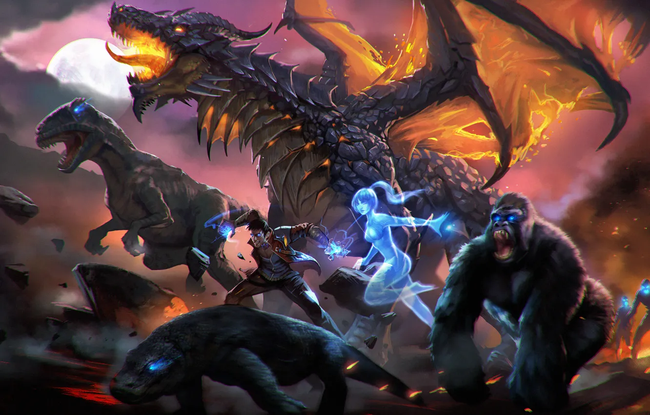 Photo wallpaper dragon, dinosaur, gorilla, art, dinosaur