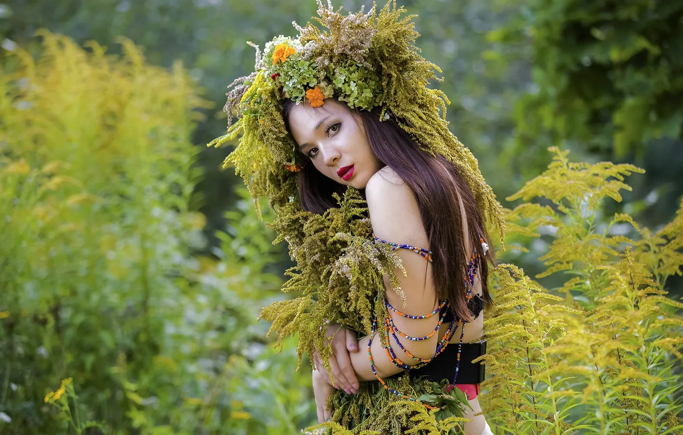 Photo wallpaper summer, grass, look, girl, nature, makeup, brunette, wreath