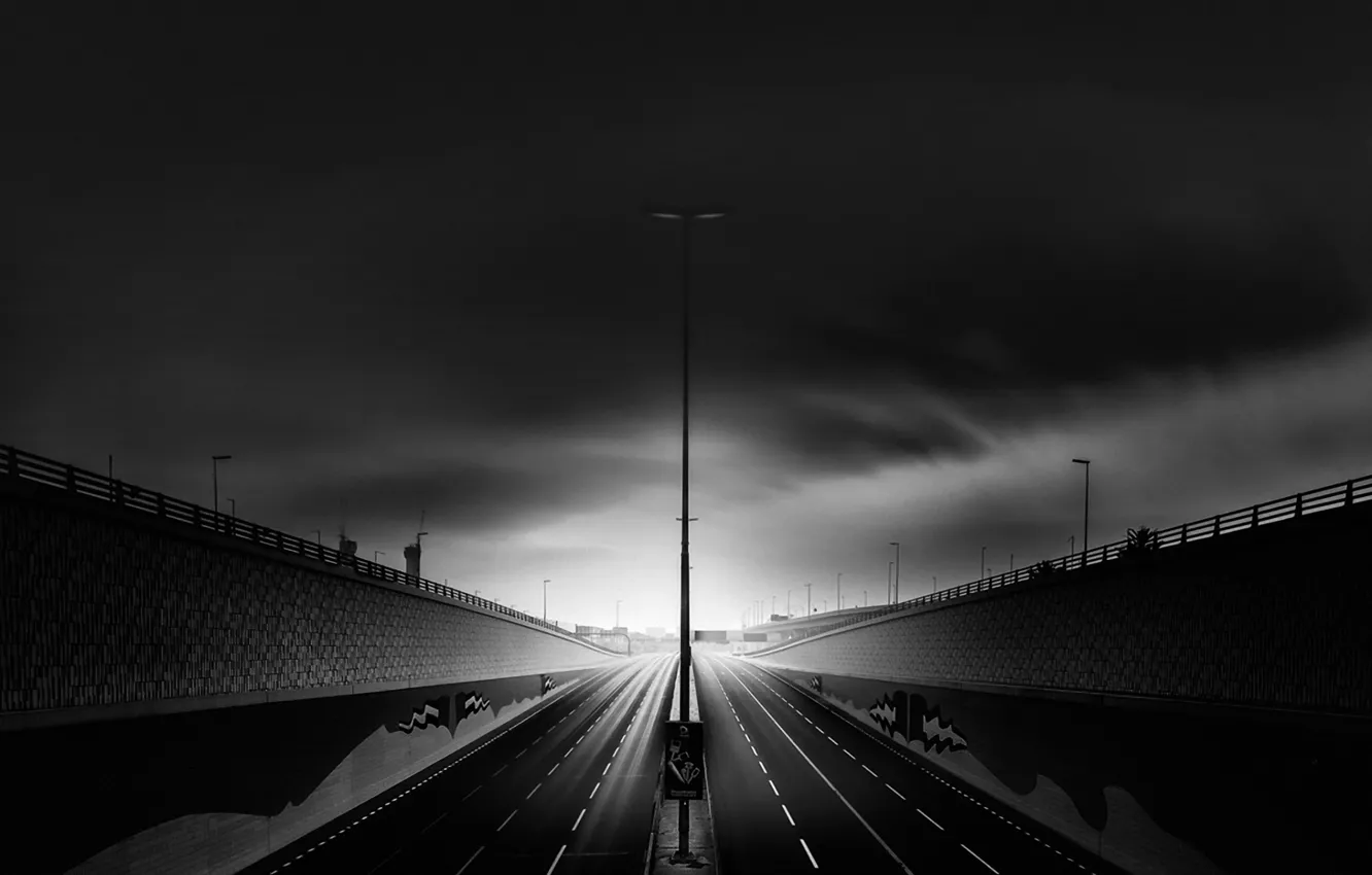 Photo wallpaper road, clouds, post, excerpt, lantern, Dubai, shadows