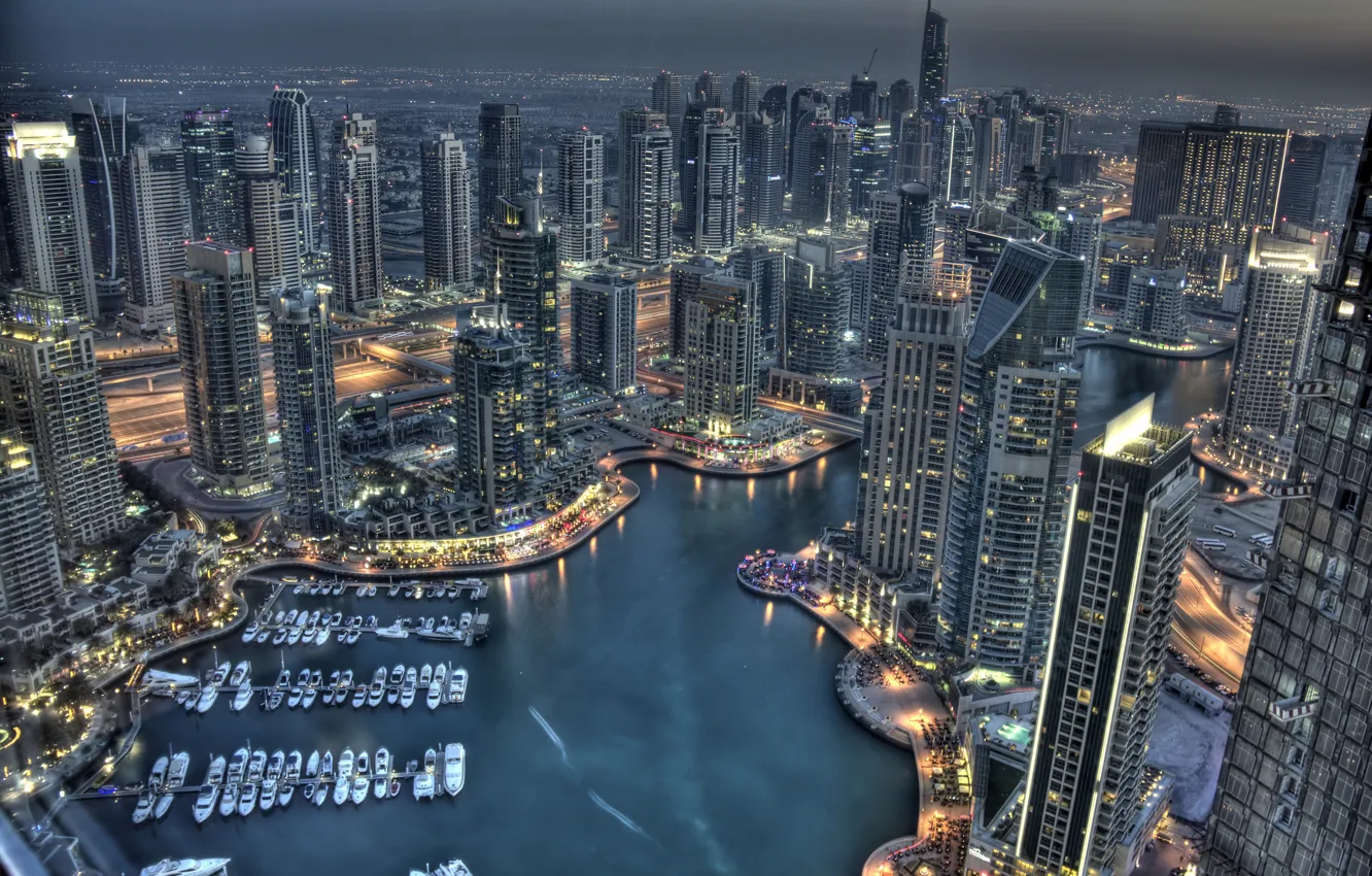 Photo wallpaper building, yachts, Bay, Dubai, night city, Dubai, skyscrapers, harbour