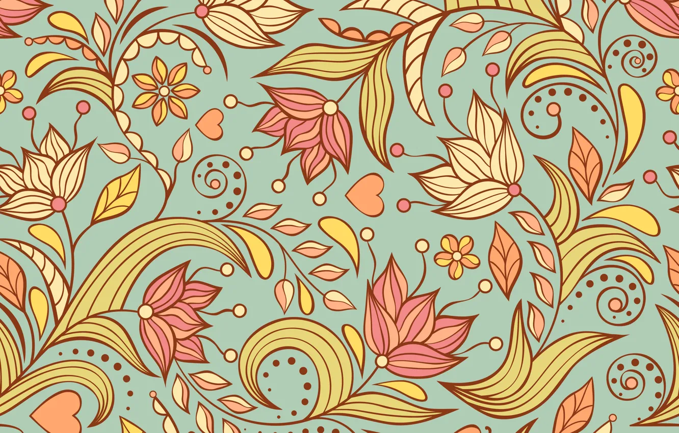 Photo wallpaper flowers, background, pattern, hearts, vintage, abstract