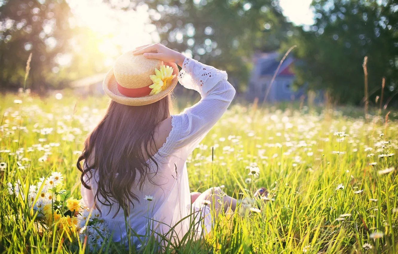 Photo wallpaper girl, field, hat, sunset, flowers, sun