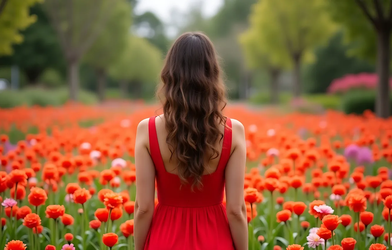 Photo wallpaper girl, flowers, nature, Park, glade, spring, garden, tulips