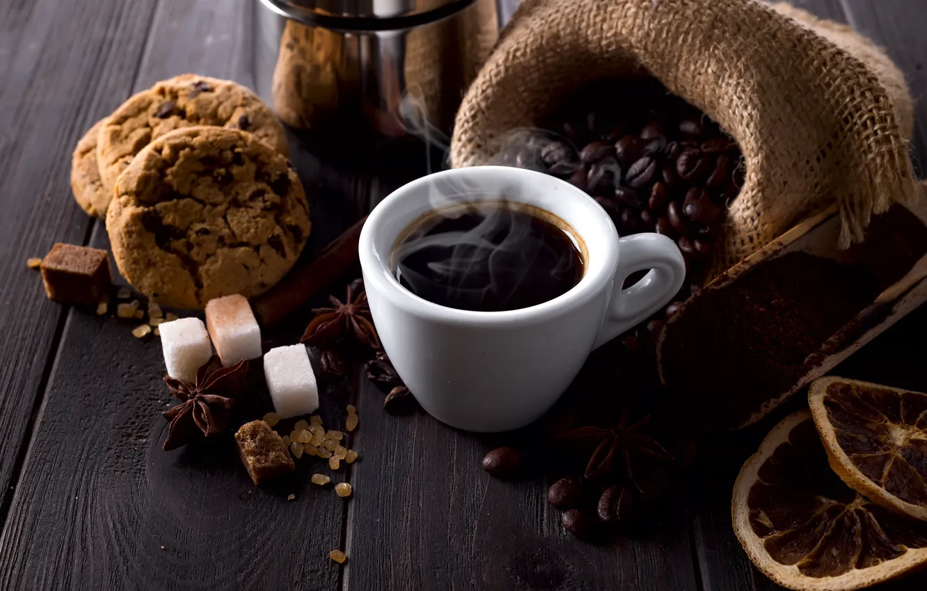Photo wallpaper coffee, grain, cookies, sugar