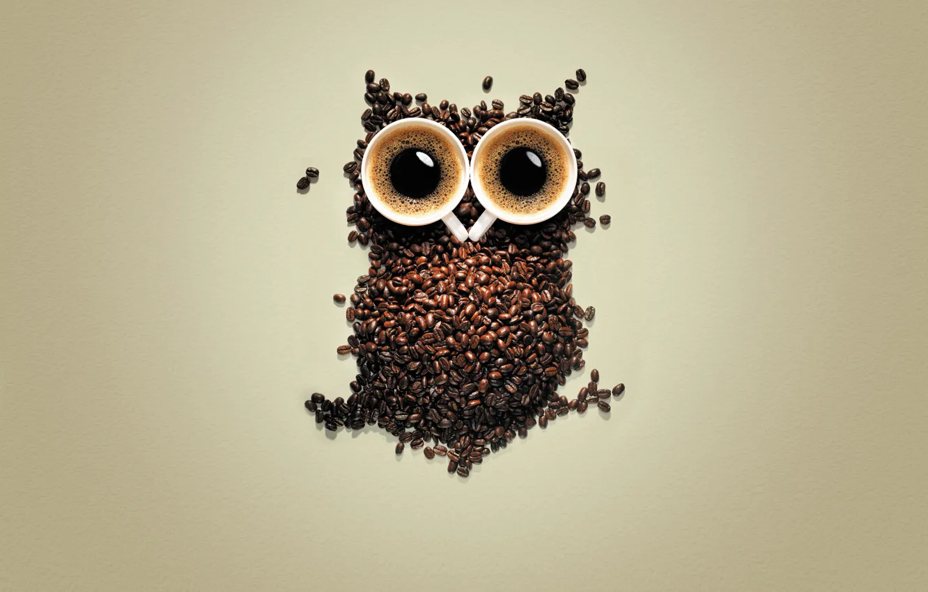 Photo wallpaper owl, coffee, grain, mugs