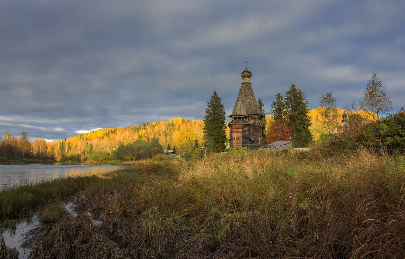Photo wallpaper autumn, the evening, village, Church, Leningrad oblast, Salinity