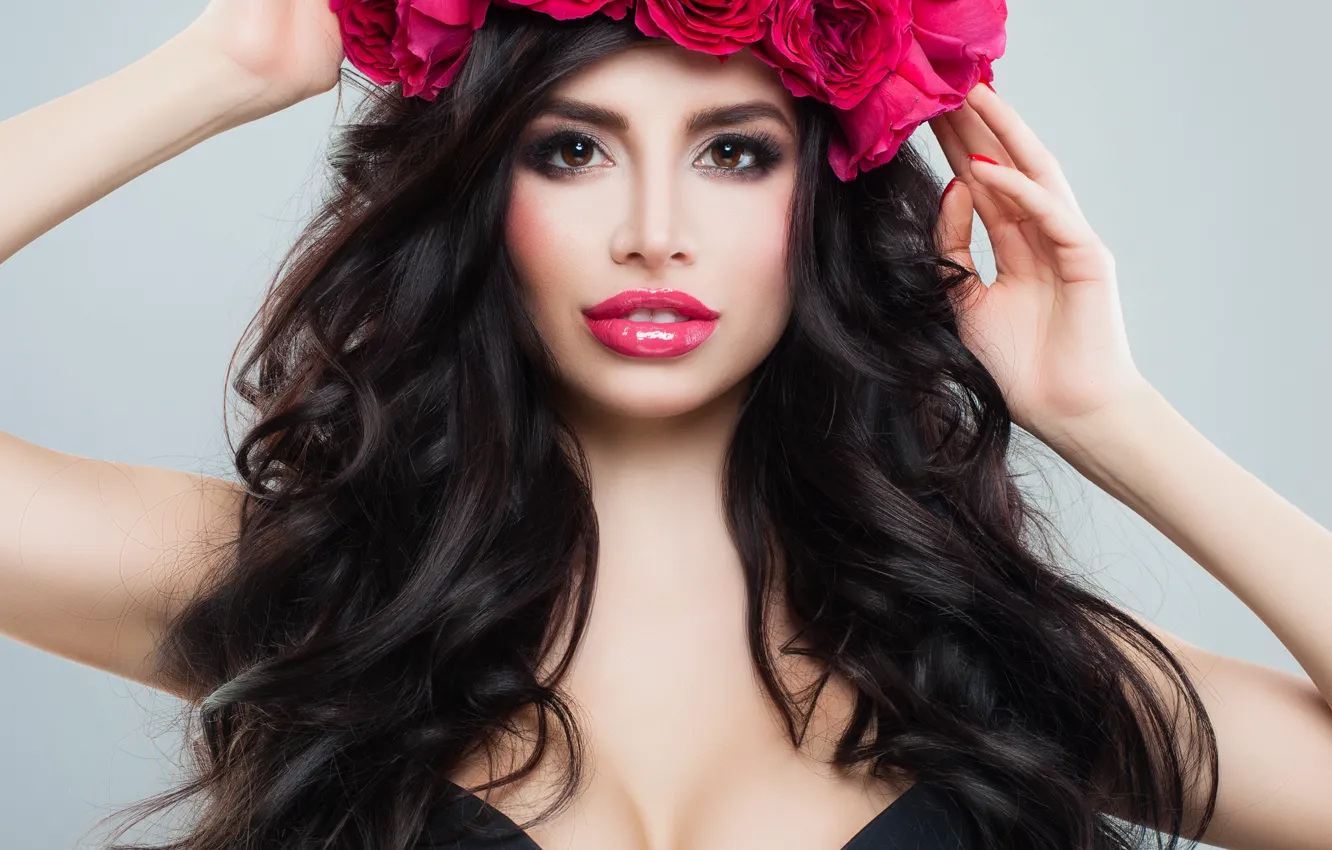 Photo wallpaper flowers, looking, brunettte