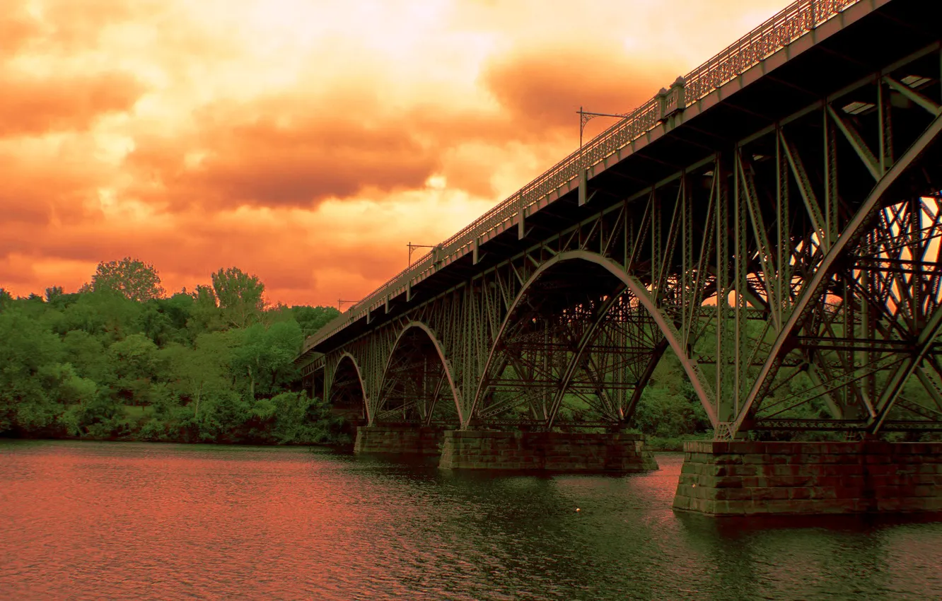 Photo wallpaper bridge, river, stream, the evening, support, span