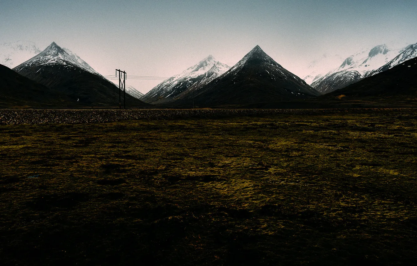 Photo wallpaper mountains, peaks, power line