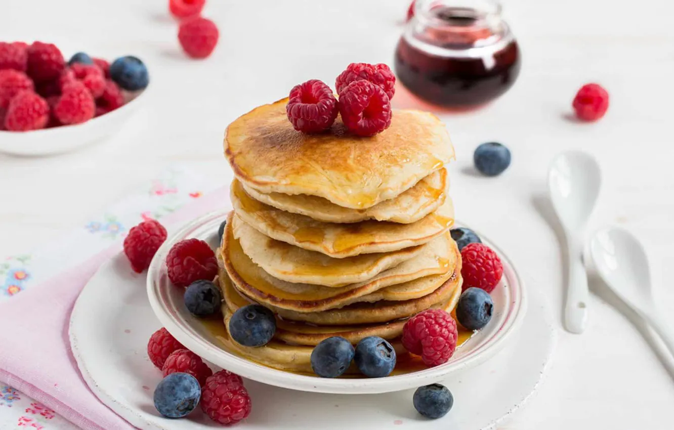 Photo wallpaper berries, raspberry, blueberries, pancakes, pancake