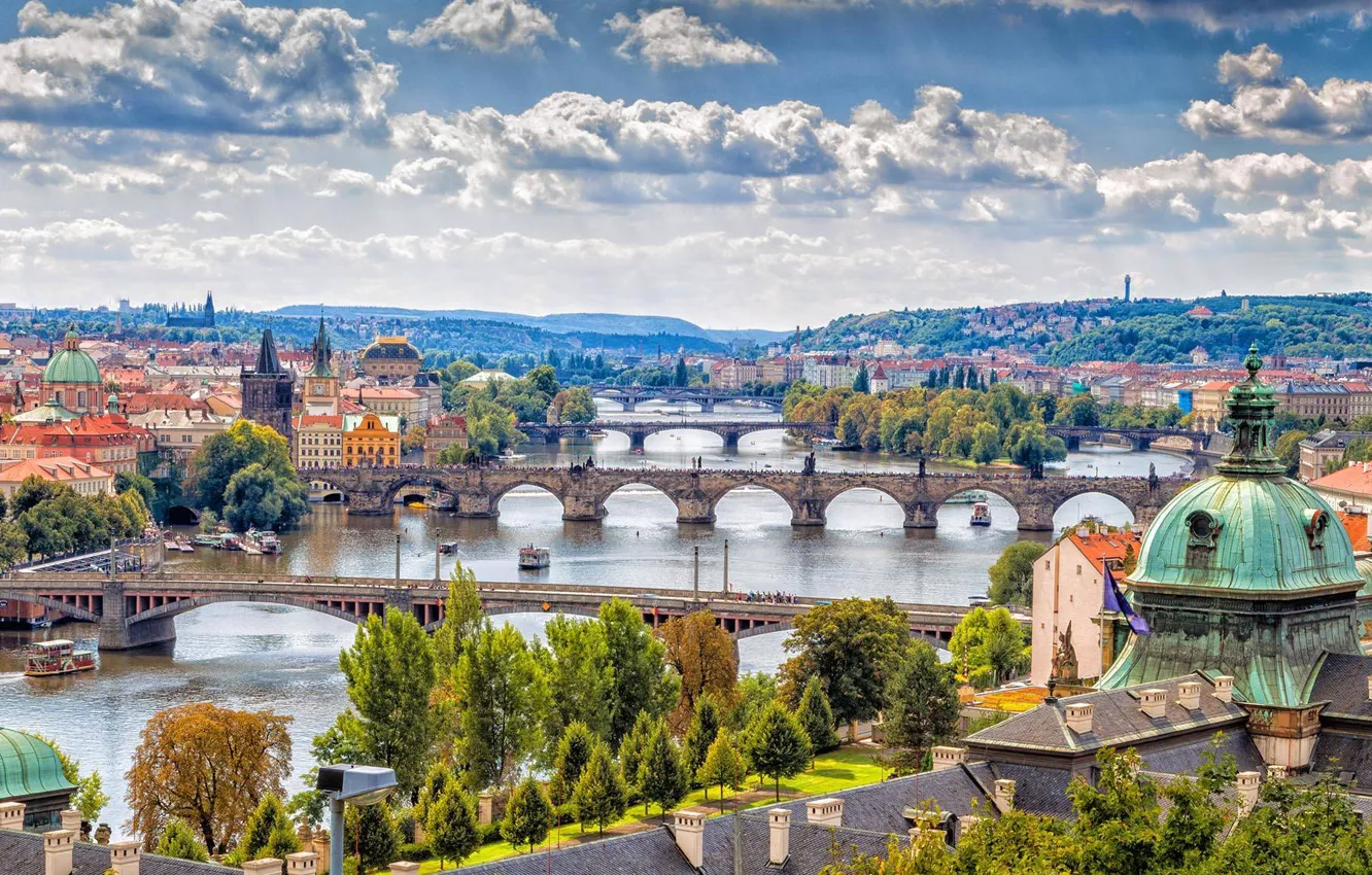 Photo wallpaper bridge, river, home, Prague, Czech Republic, panorama
