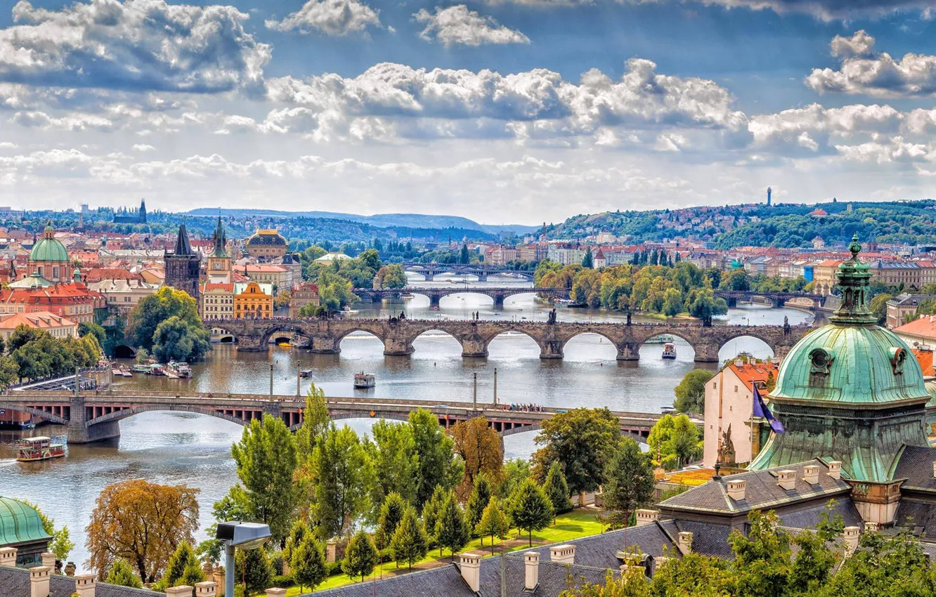 Photo wallpaper river, home, Prague, Czech Republic, panorama, bridges