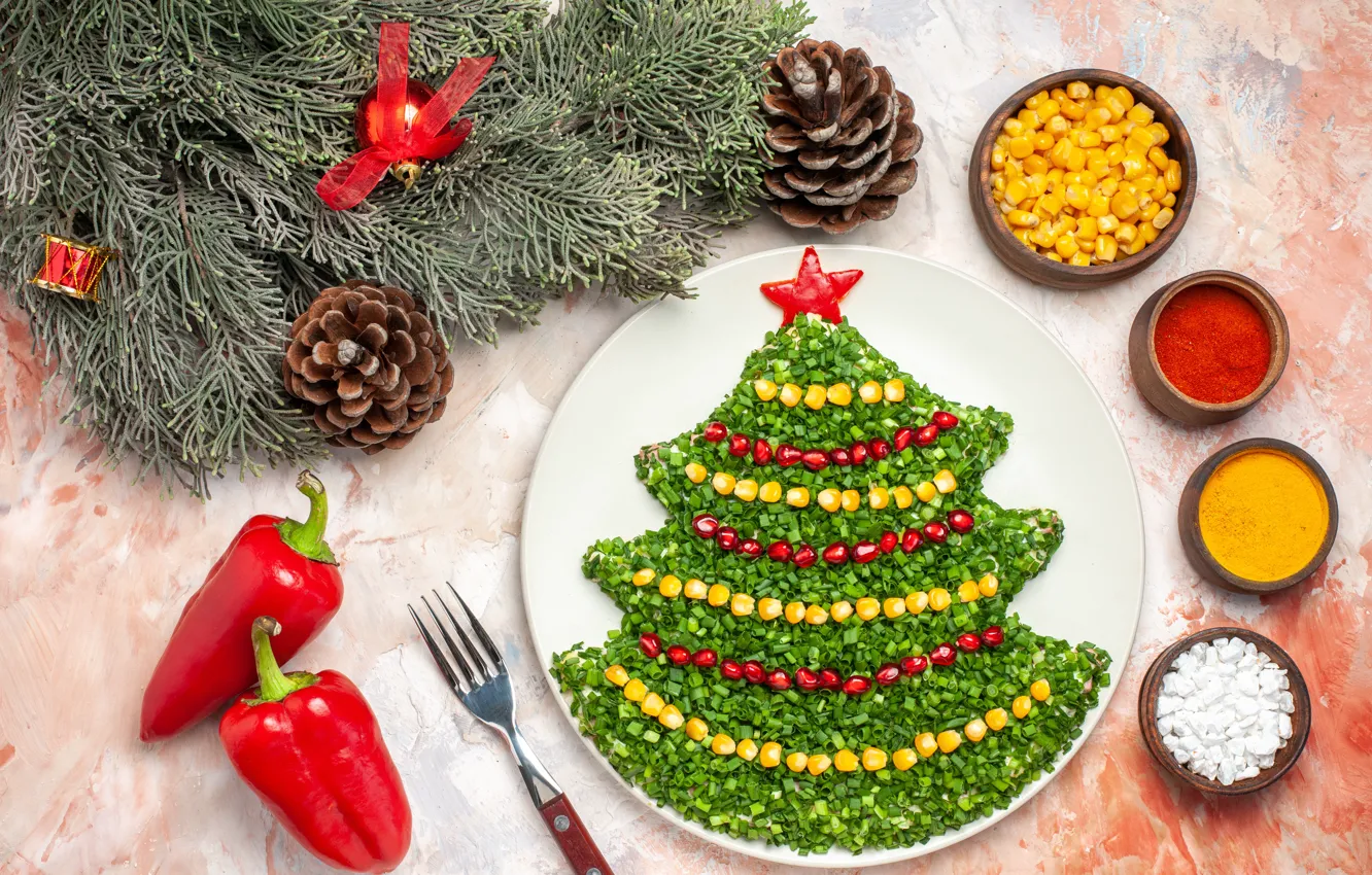 Photo wallpaper greens, stars, branches, red, table, new year, plate, Christmas