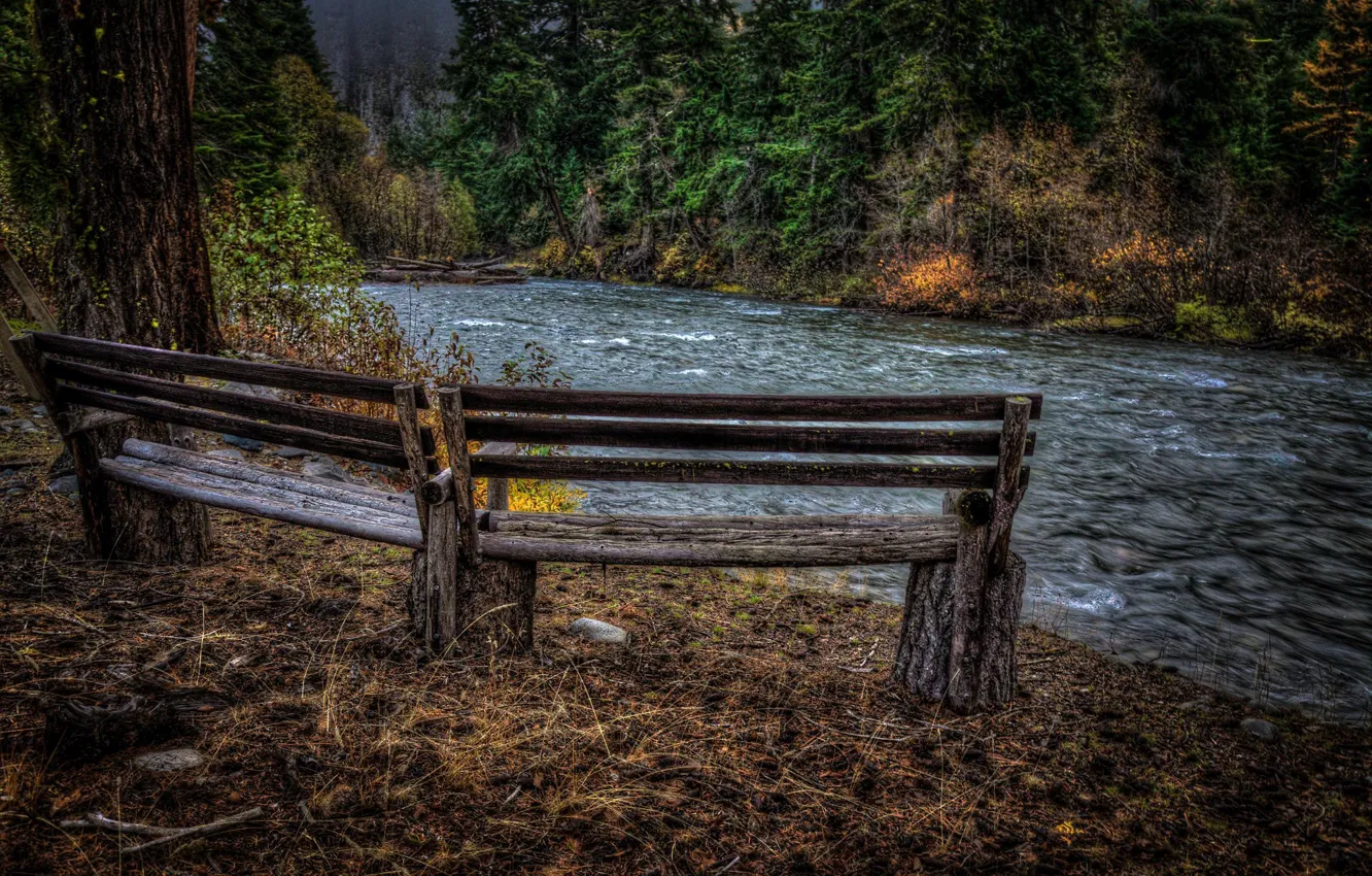 Photo wallpaper autumn, river, bench