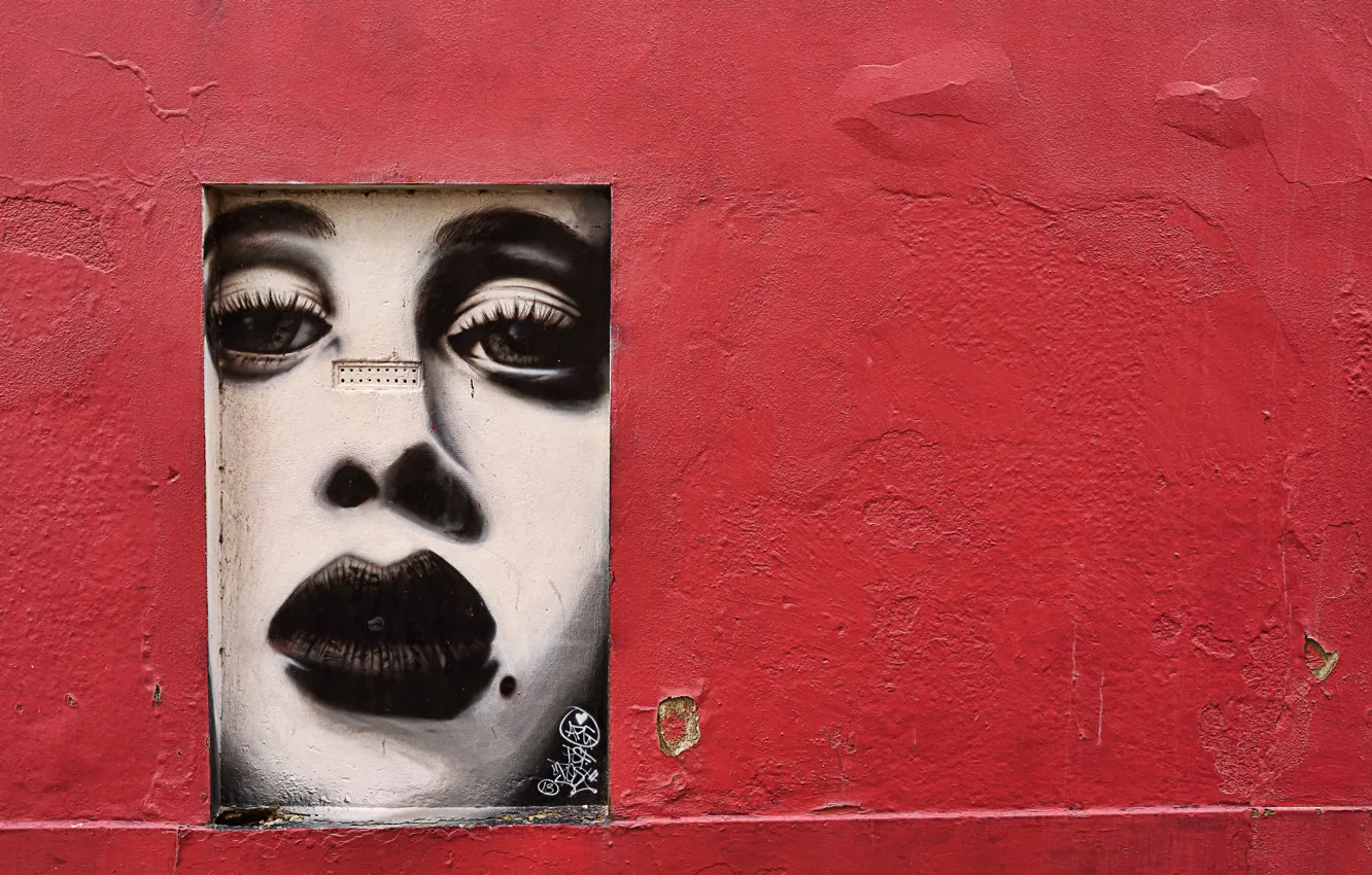 Photo wallpaper girl, face, cracked, wall, graffiti