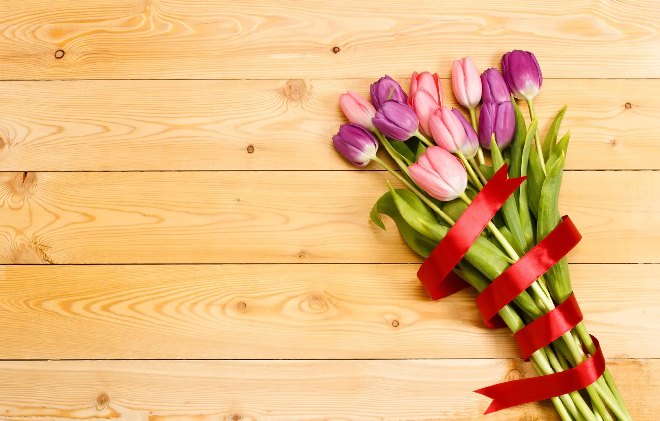Photo wallpaper flowers, bouquet, tape, tulips, love, pink, wood, pink