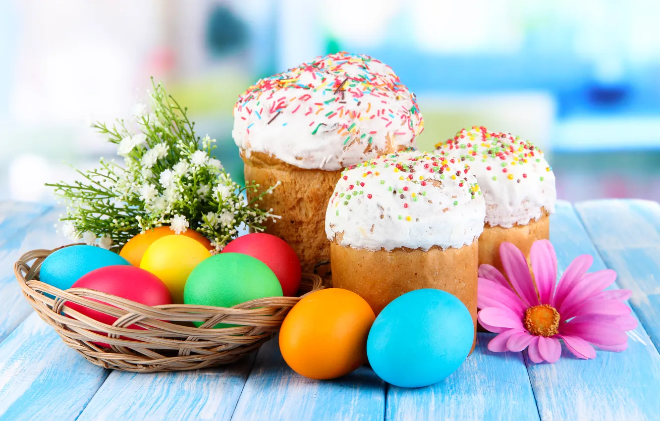 Photo wallpaper flowers, eggs, spring, colorful, Easter, cake, cake, wood