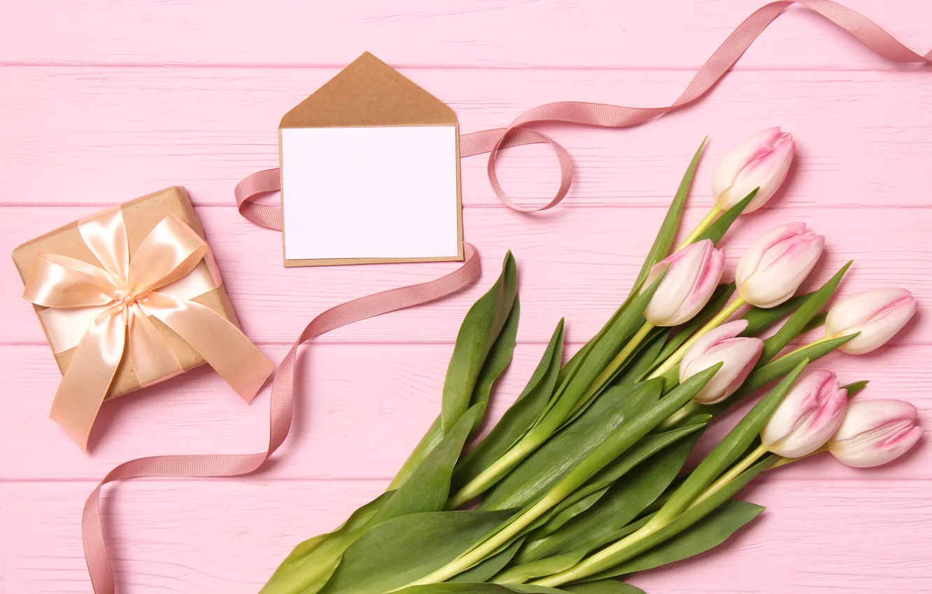 Photo wallpaper flowers, gift, bouquet, tulips, pink, wood, pink, flowers