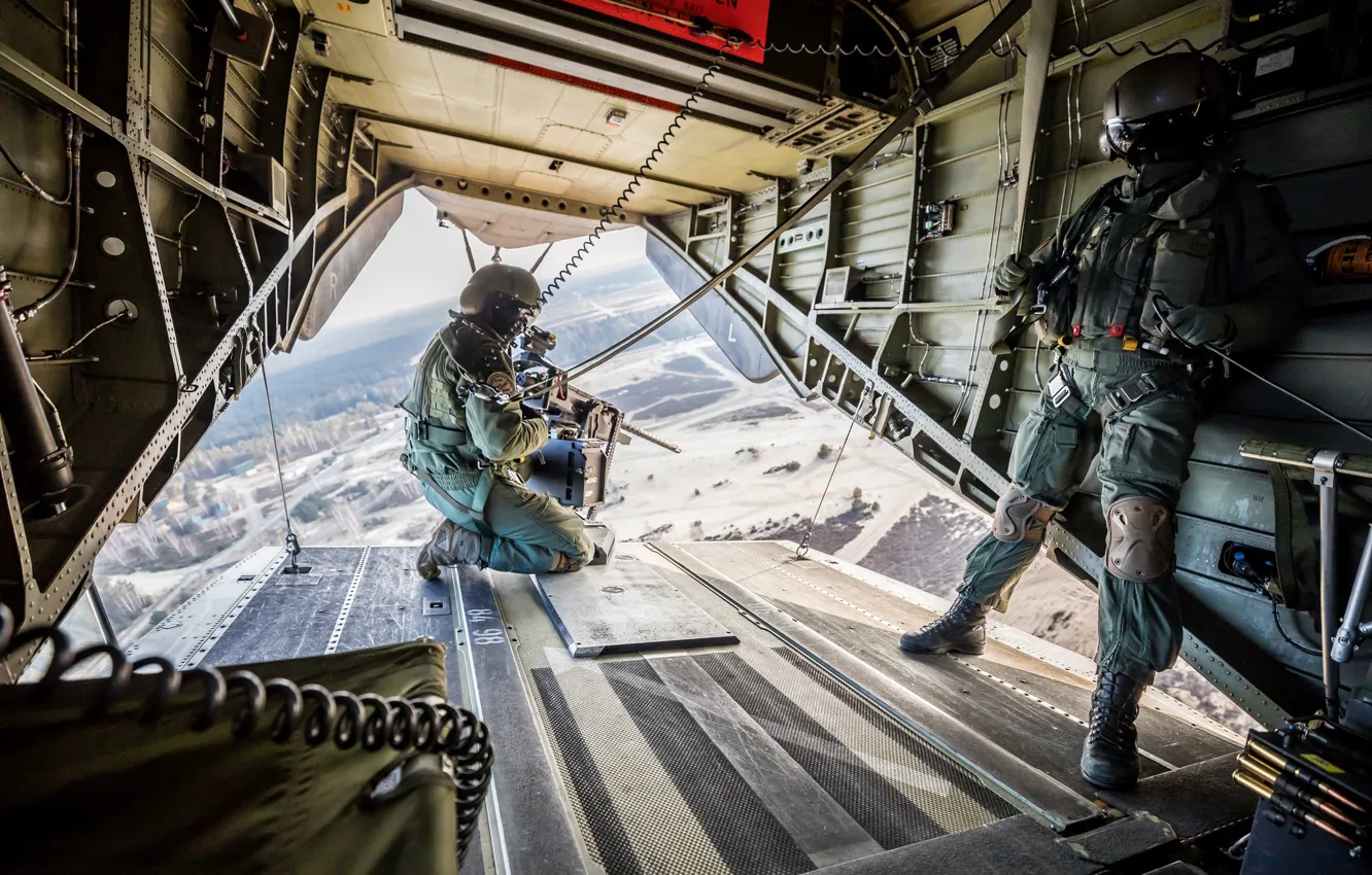 Photo wallpaper flight, soldiers, helicopter, machine gun