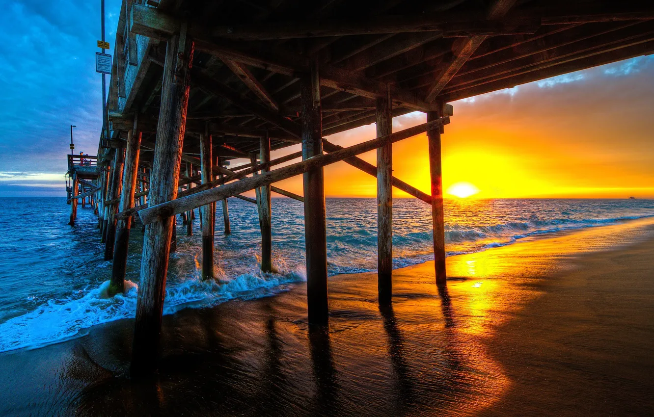 Photo wallpaper sea, wave, sunset, bridge, photo, pier