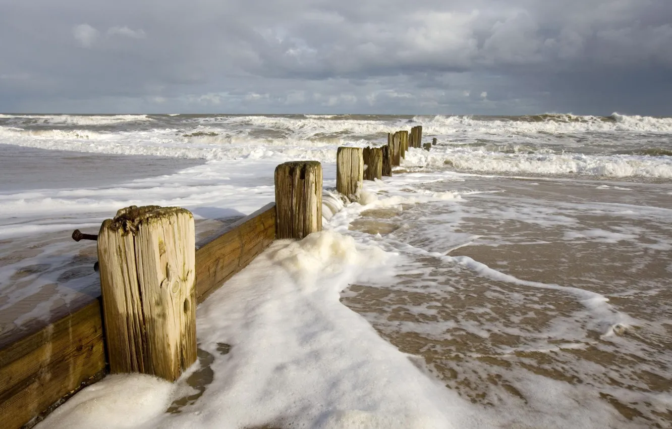 Photo wallpaper sea, wave, foam, the fence, 150