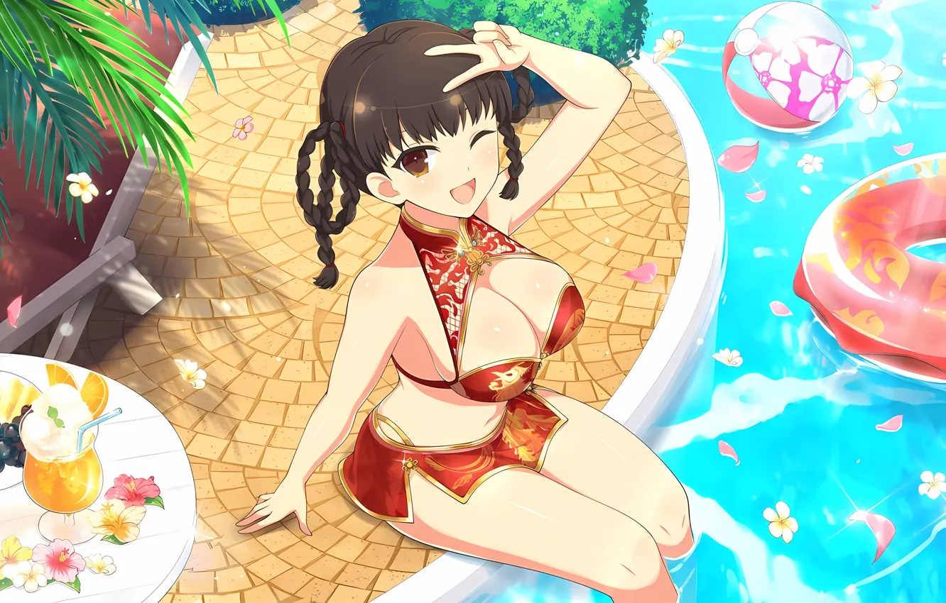 Photo wallpaper girl, sexy, pool, cleavage, blouse, brown hair, brown eyes, boobs