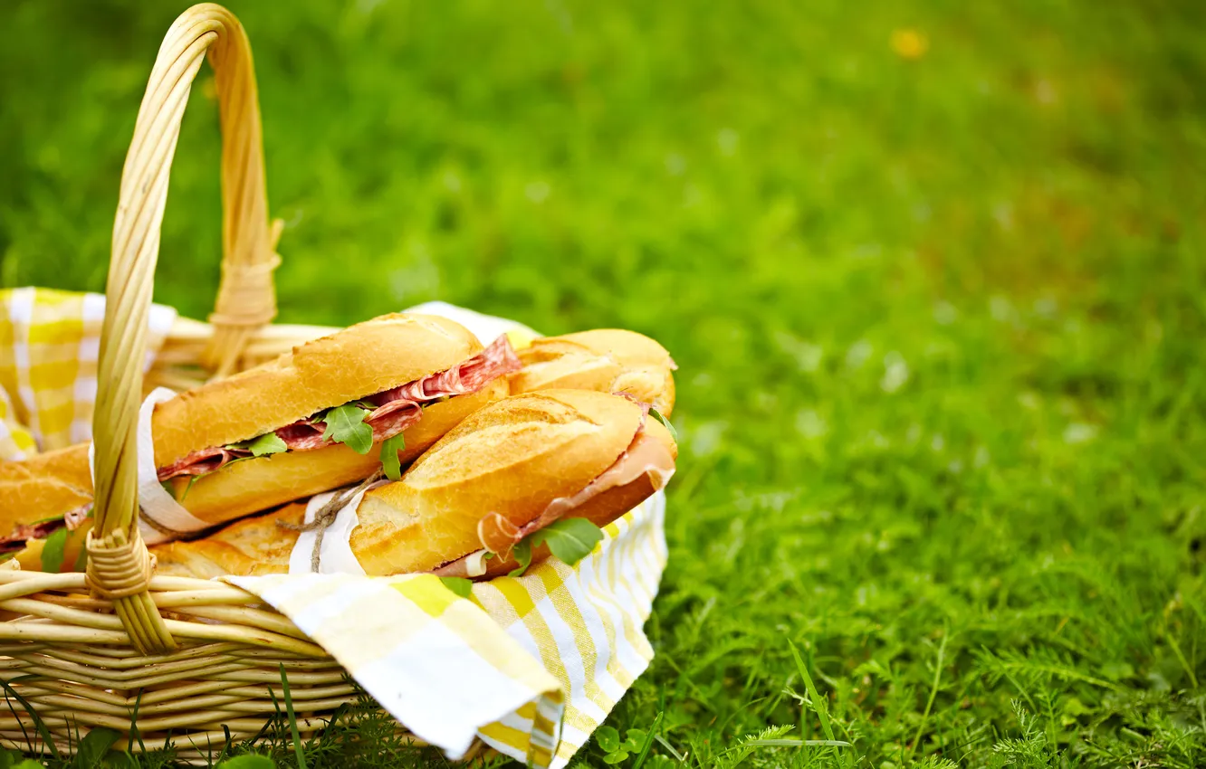 Photo wallpaper grass, nature, basket, glade, picnic, bokeh, sandwiches