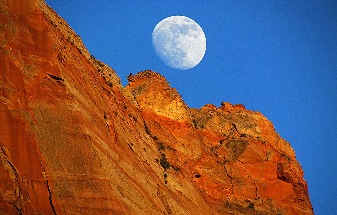 Photo wallpaper the sky, rock, mountain, The moon, the full moon