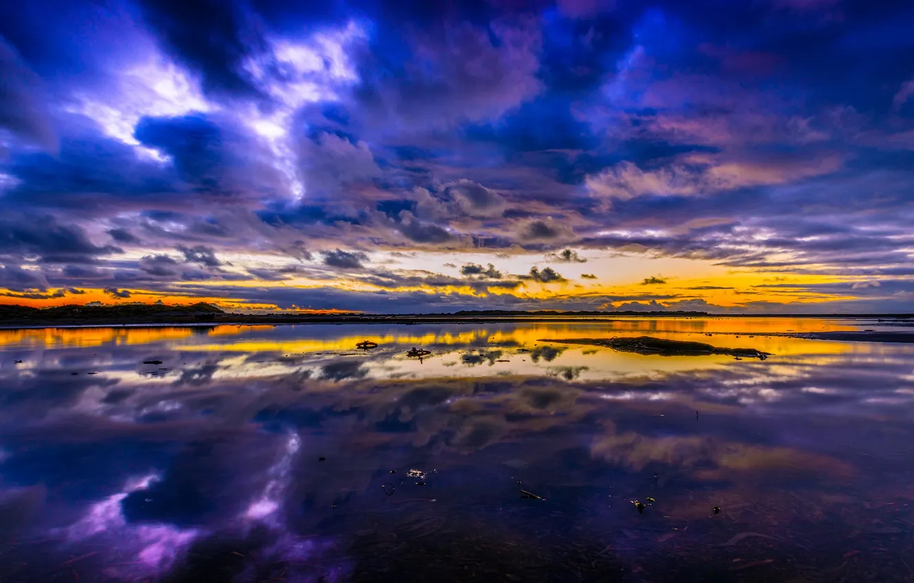 Photo wallpaper the sky, clouds, lake, reflection, paint, the evening, glow