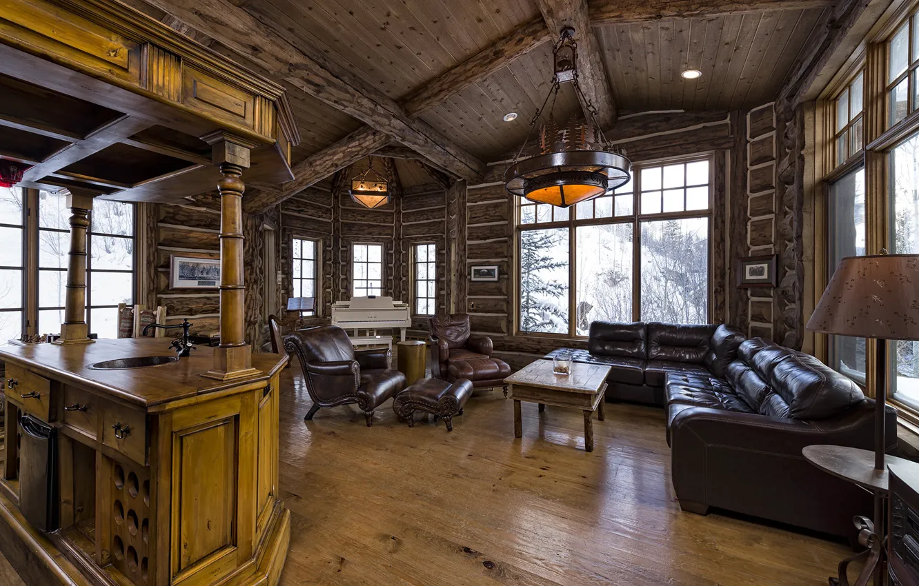 Photo wallpaper wooden, living room, luxury, colorado, blue sky lodge