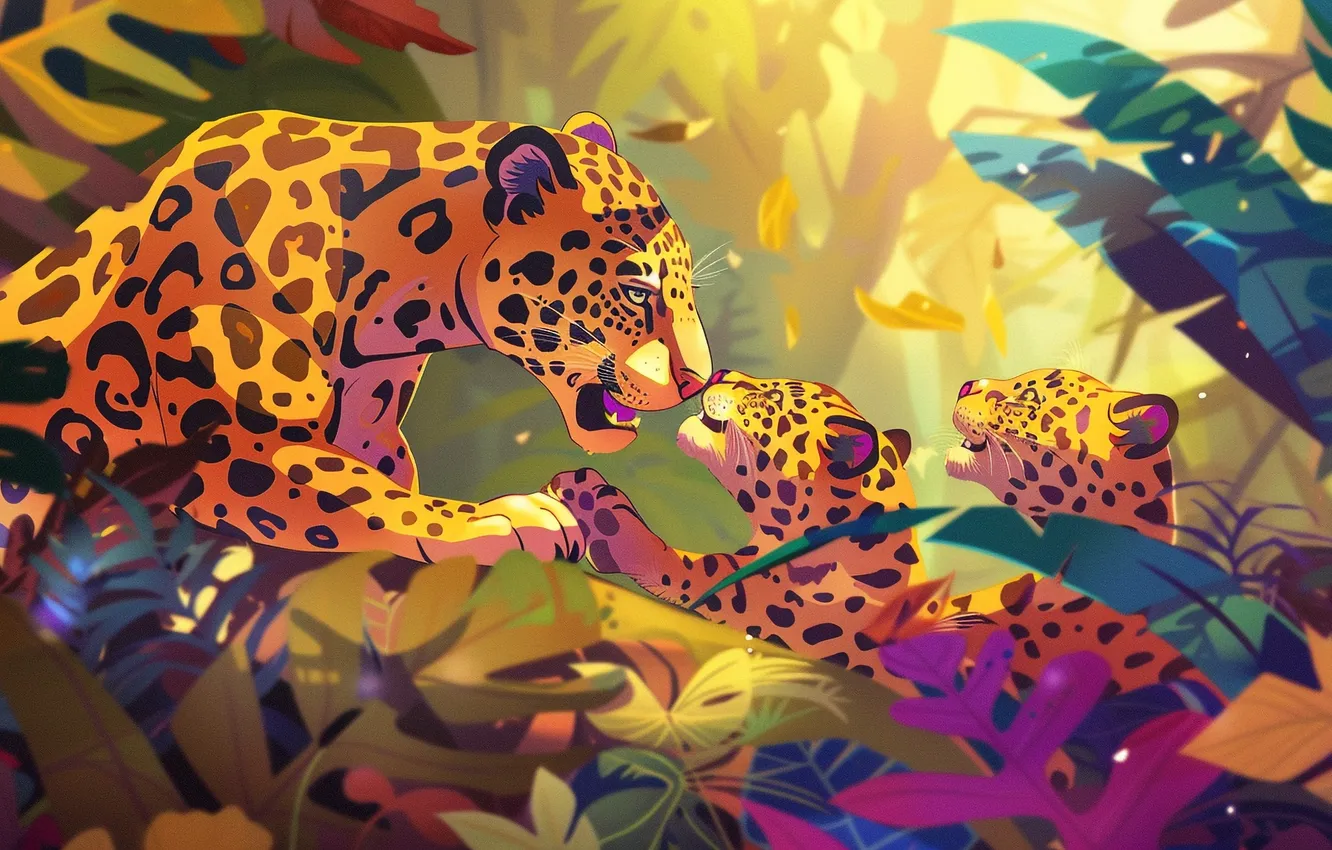 Photo wallpaper Leaves, Kittens, Jungle, Three, Digital art, Predators, Jaguars, Cubs