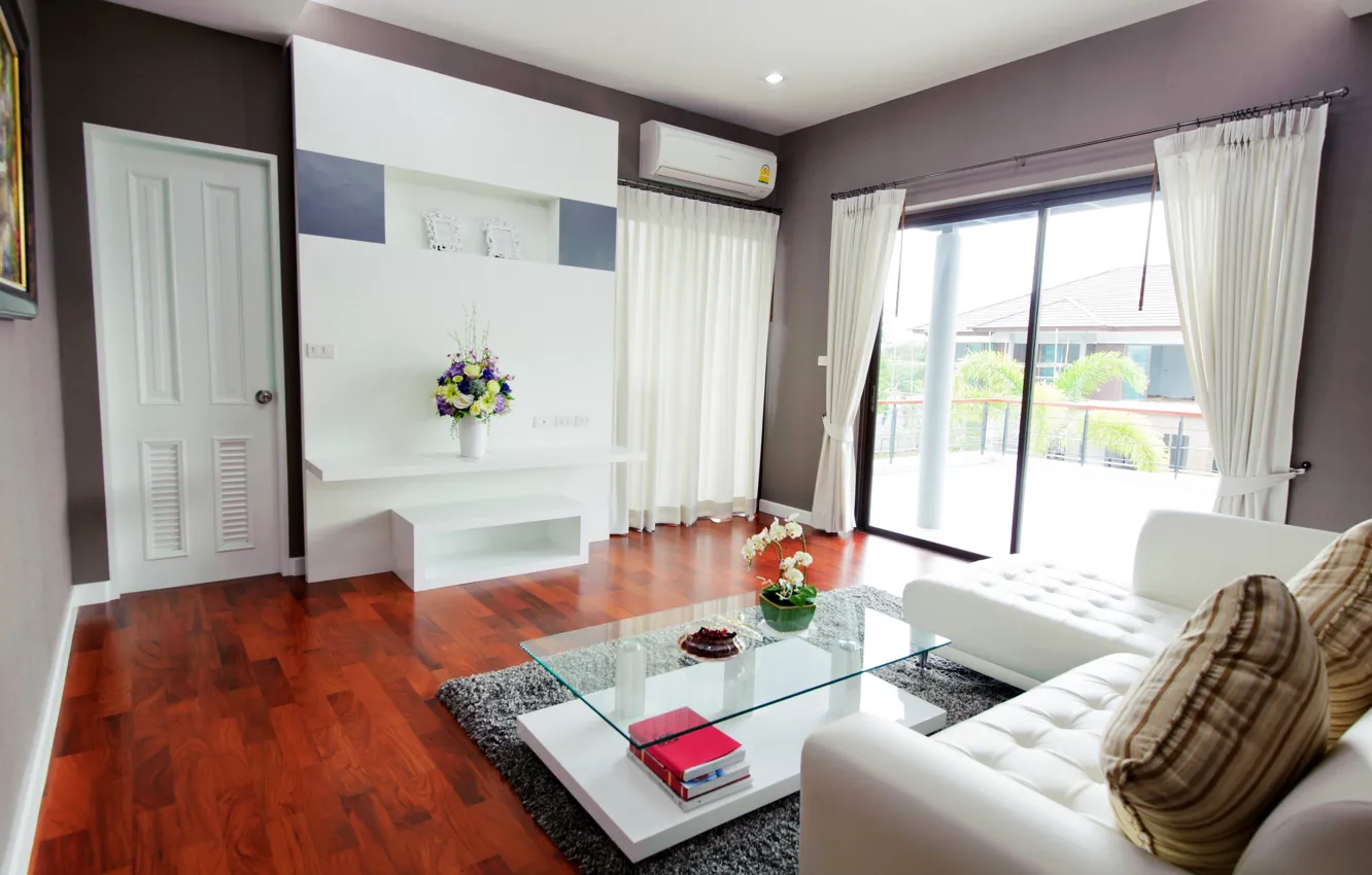 Photo wallpaper white, flowers, style, room, sofa, interior, table, living room