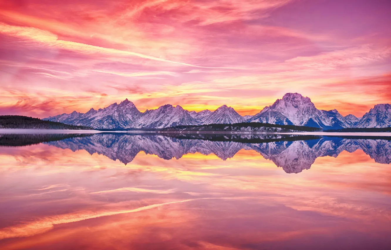 Photo wallpaper the sky, snow, trees, red sky, reflexom mountains