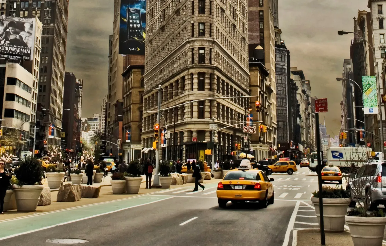 Photo wallpaper street, people, home, New York, advertising, traffic light, taxi