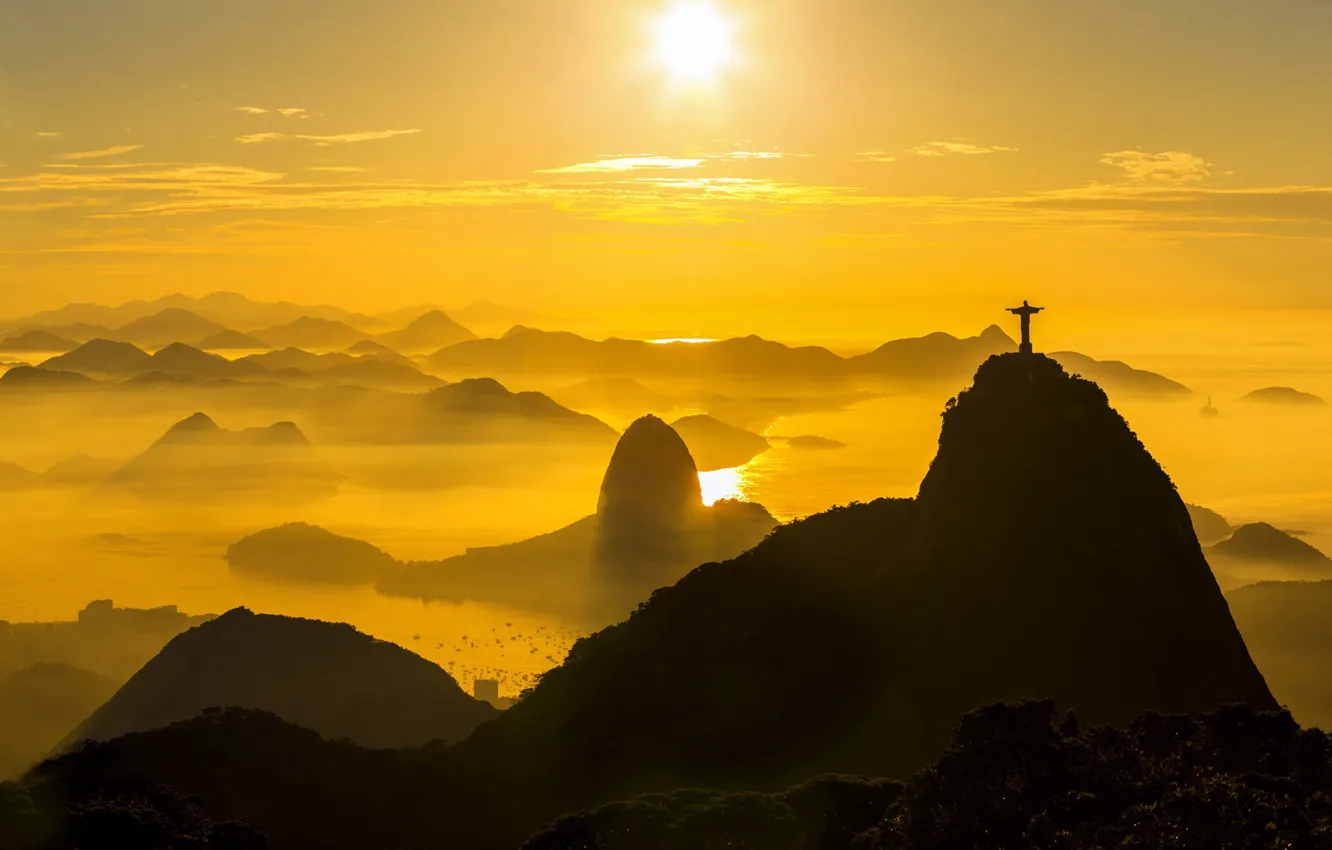 Photo wallpaper mountains, dawn, statue, Rio de Janeiro
