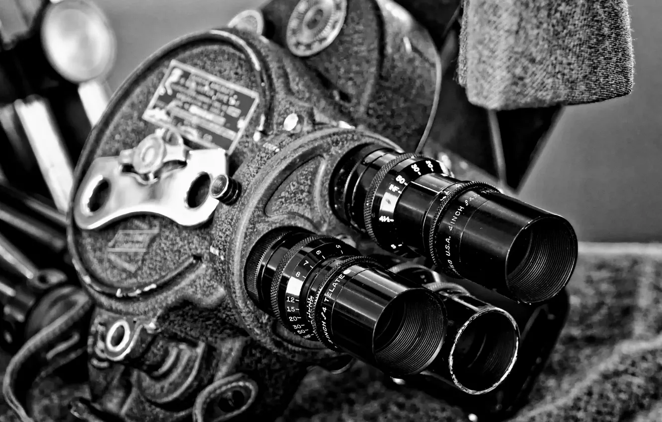 Photo wallpaper macro, retro, camera, black and white