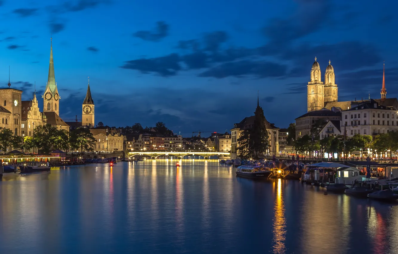 Photo wallpaper the sky, trees, night, bridge, lights, river, home, Switzerland