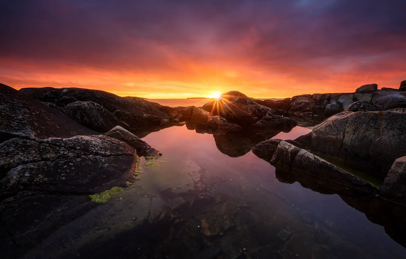 Photo wallpaper sea, sunset, rocks, Sweden, Kungsbacka