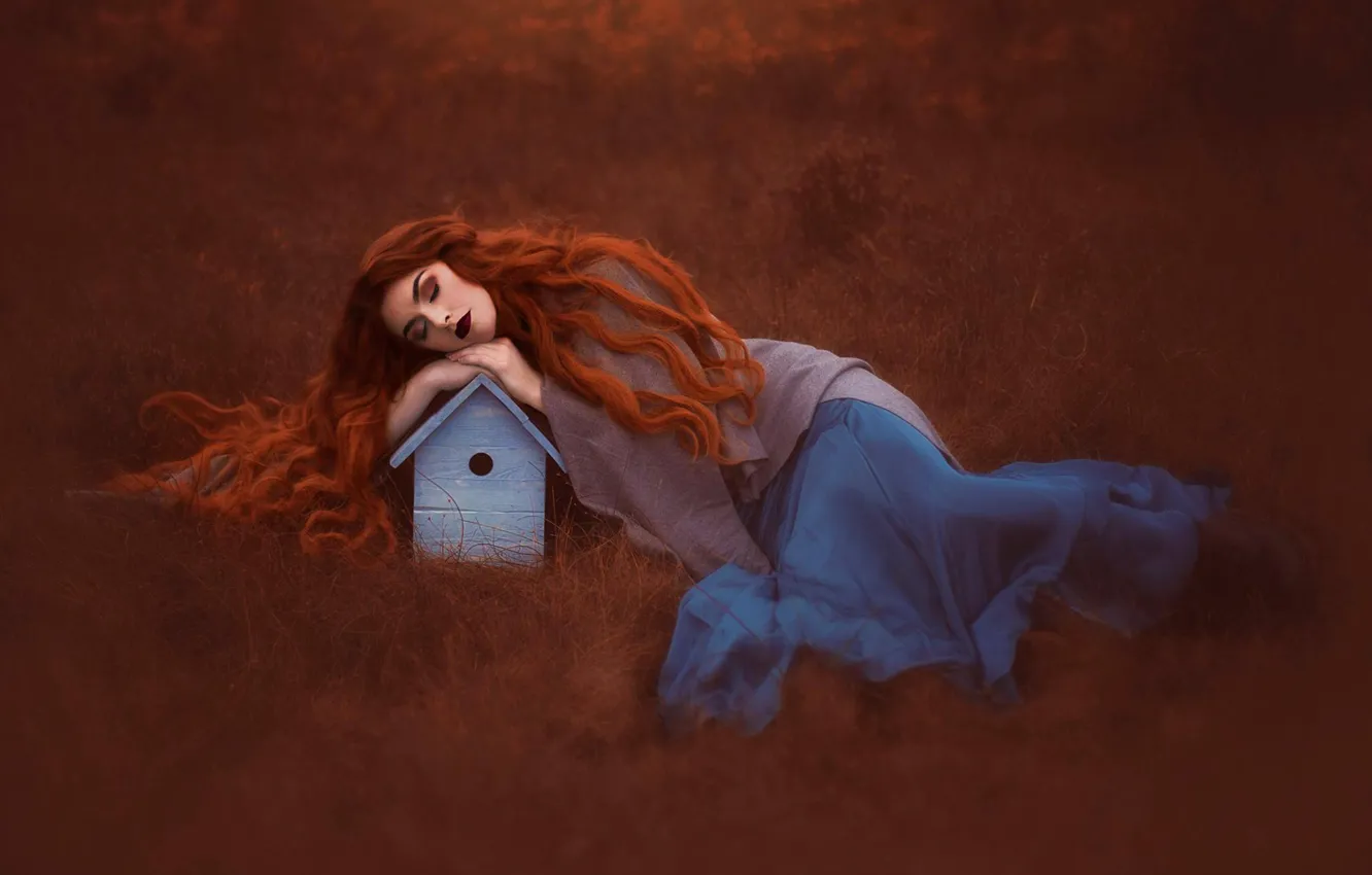 Photo wallpaper grass, mood, sleep, the situation, birdhouse, red, redhead, long hair