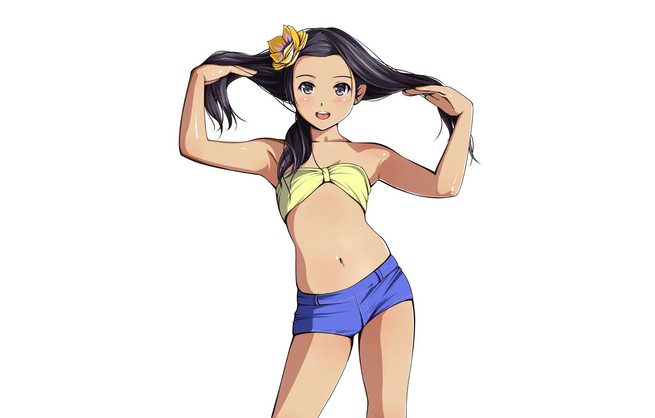 Photo wallpaper girl, shorts, flower, long hair, anime, beautiful, purple eyes, pretty