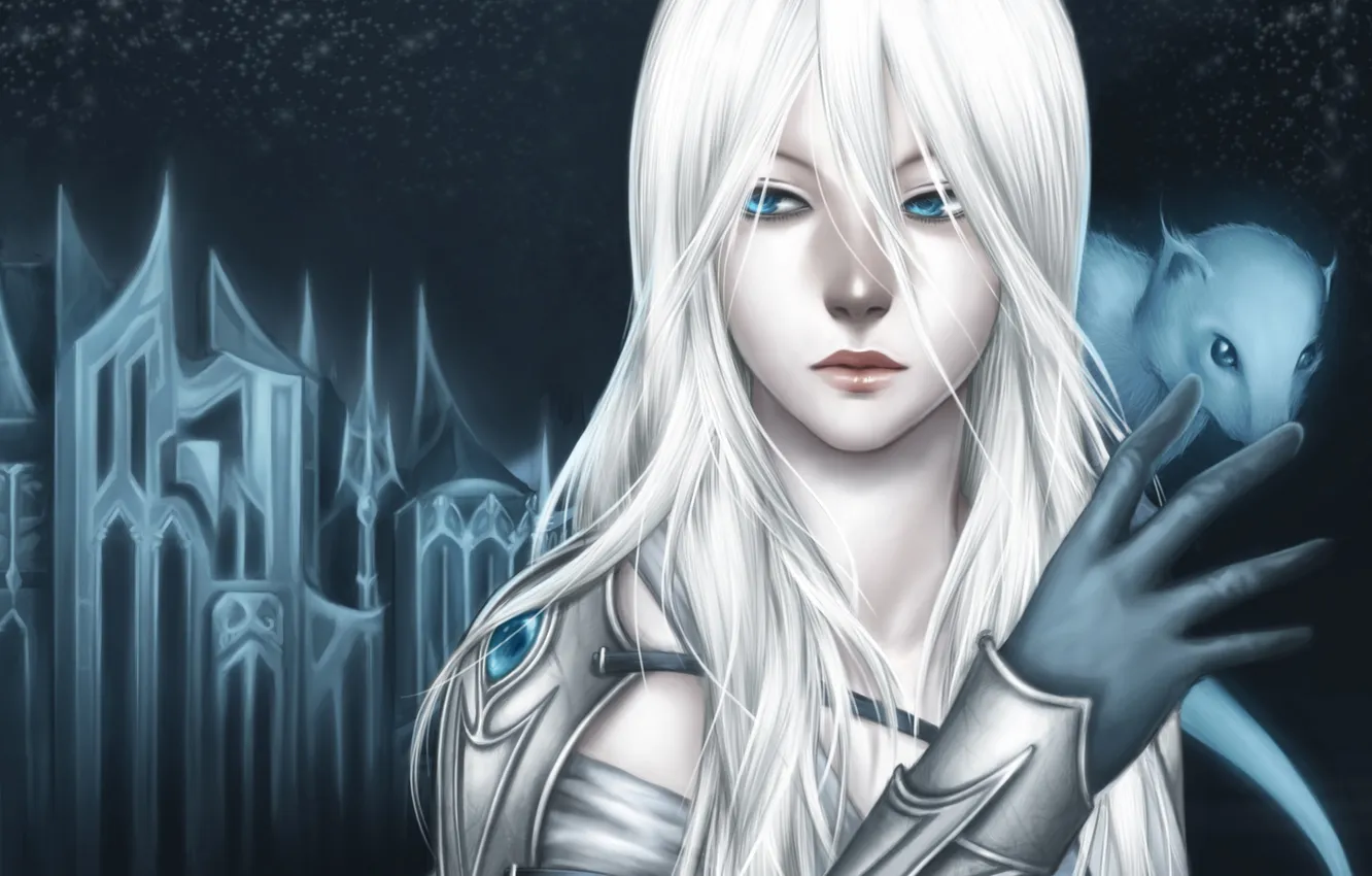 Photo wallpaper girl, stars, night, castle, white hair, animal