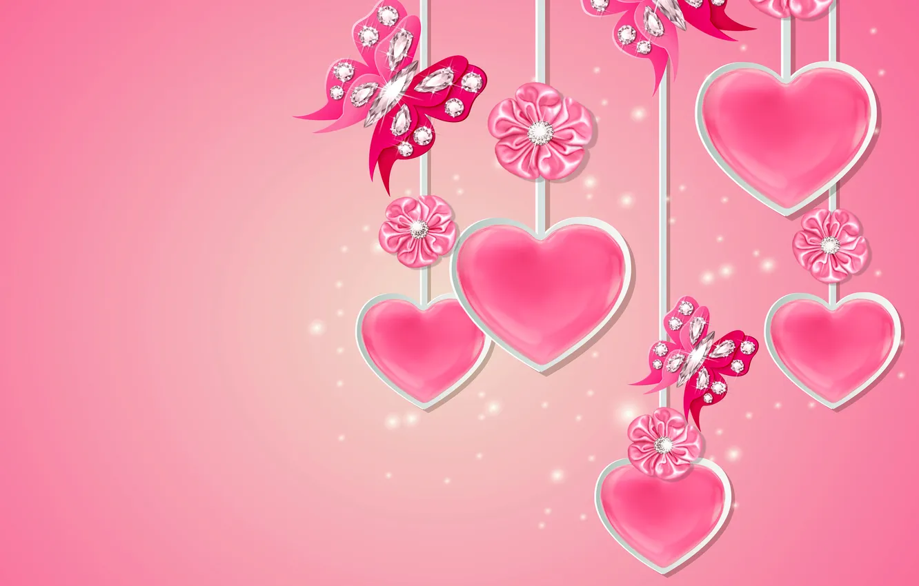 Photo wallpaper love, design, pink, flowers, hearts, sparkle, butterflies, diamonds