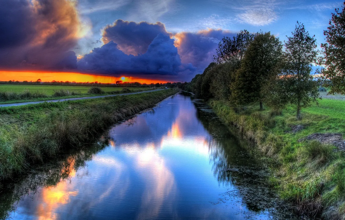 Photo wallpaper road, the sun, clouds, trees, sunset, nature, river
