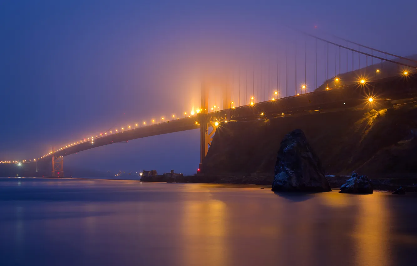 Photo wallpaper bridge, lights, fog, San Francisco, twilight