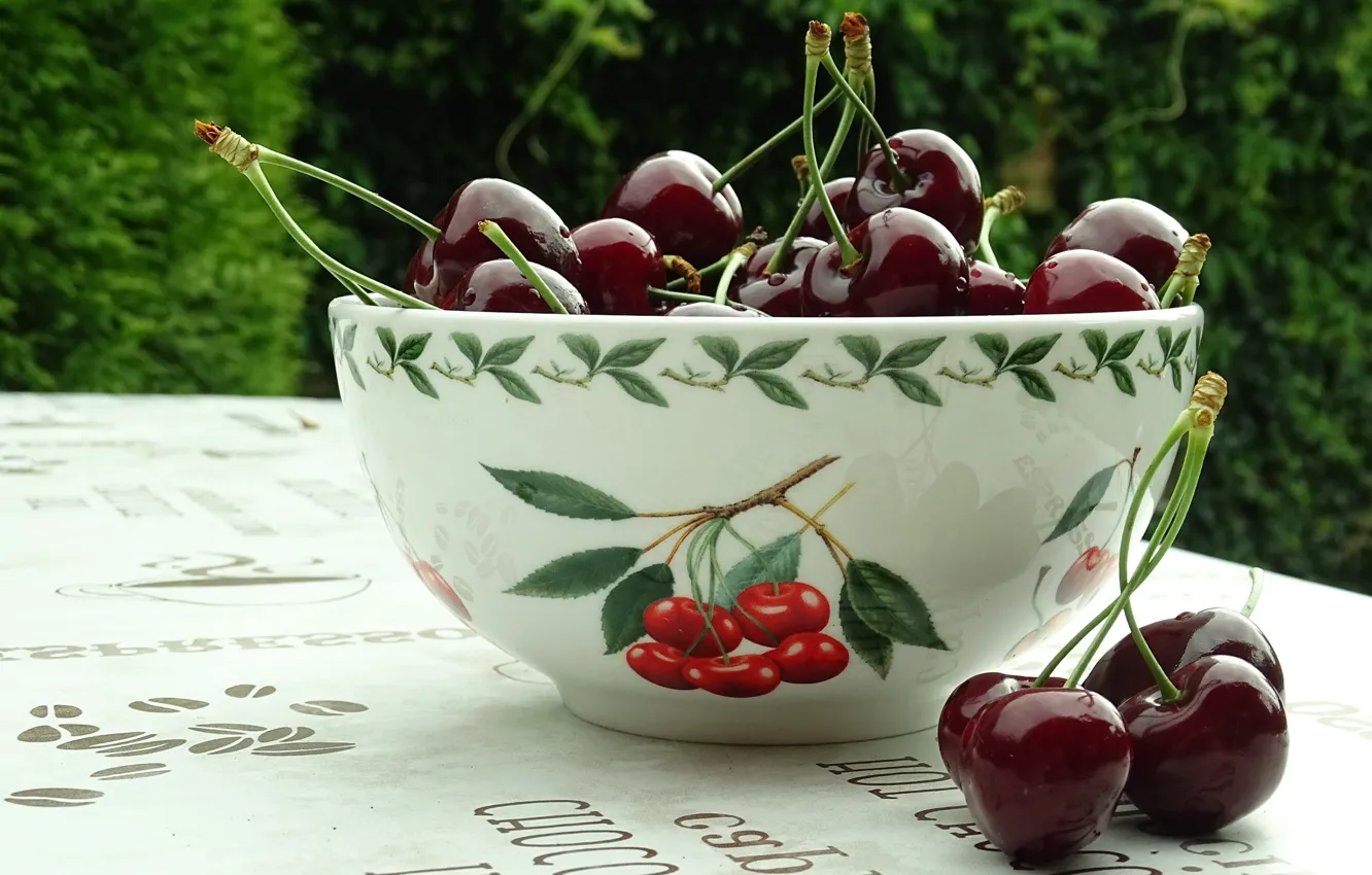 Photo wallpaper greens, nature, cherry, berries, table, the inscription, Shine, food