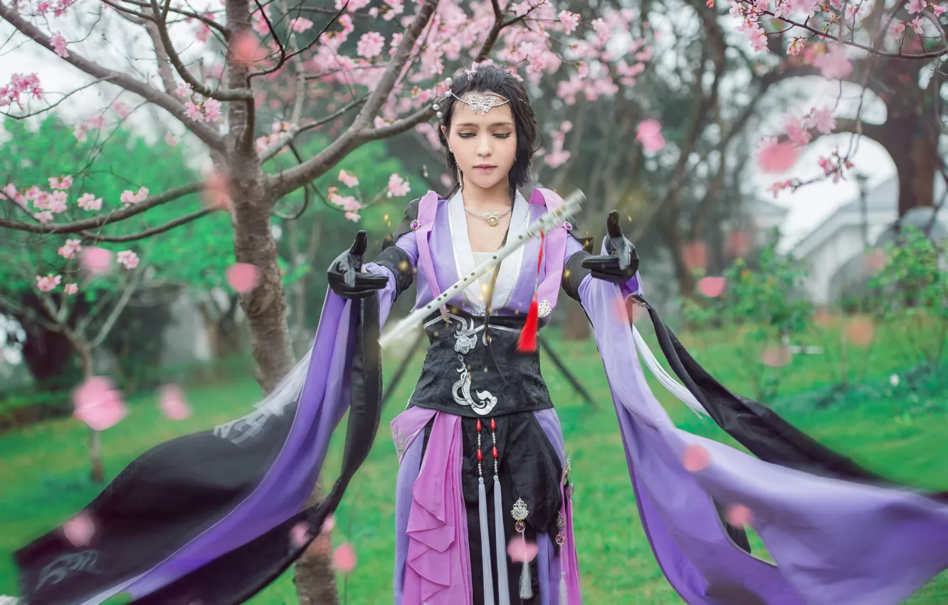 Photo wallpaper greens, purple, look, girl, decoration, trees, flowers, branches