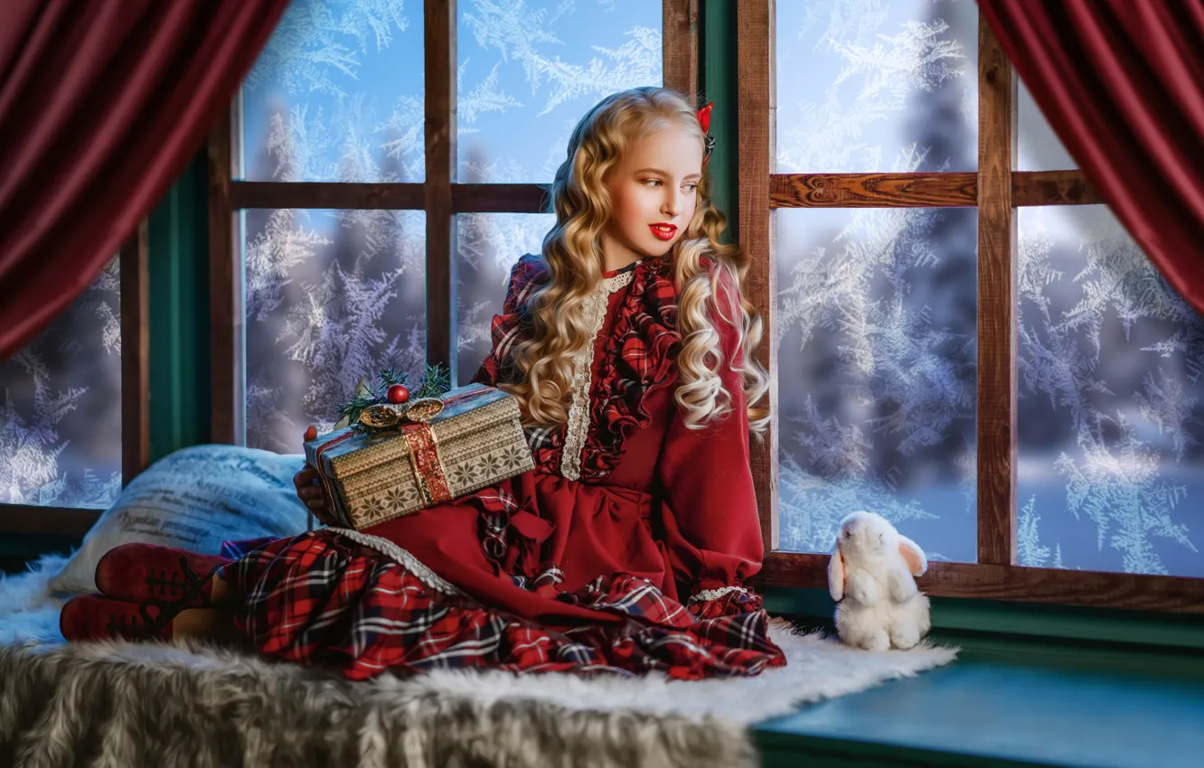 Photo wallpaper gift, toy, rabbit, dress, window, frost, girl, pillow