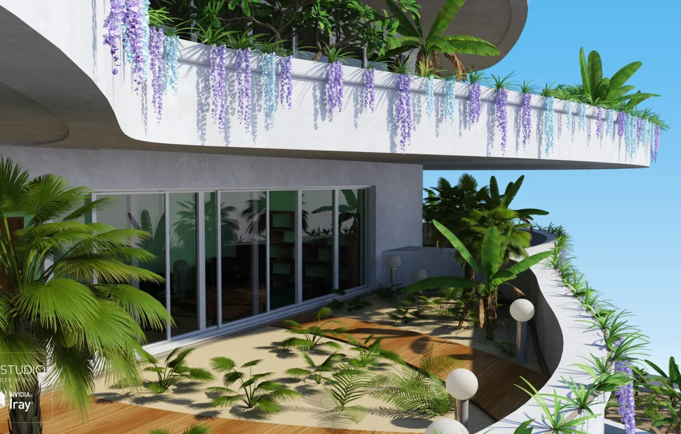 Photo wallpaper design, vegetation, lights, balcony, Eco Building